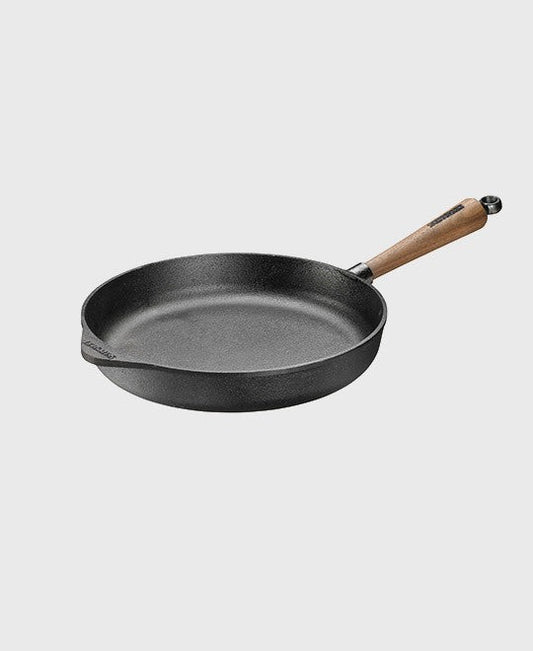Black cast iron deep pan round 28 cm with walnut wood handle
