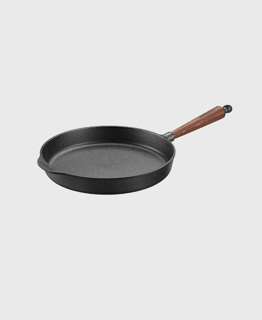 Black cast iron deep pan round 30 cm with beechwood handle