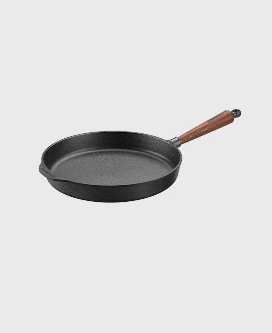 Black cast iron deep pan round 30 cm with beechwood handle