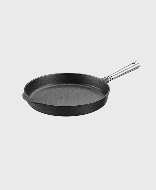 Black cast iron deep pan round 30 cm with self-ventilating stainless steel handle
