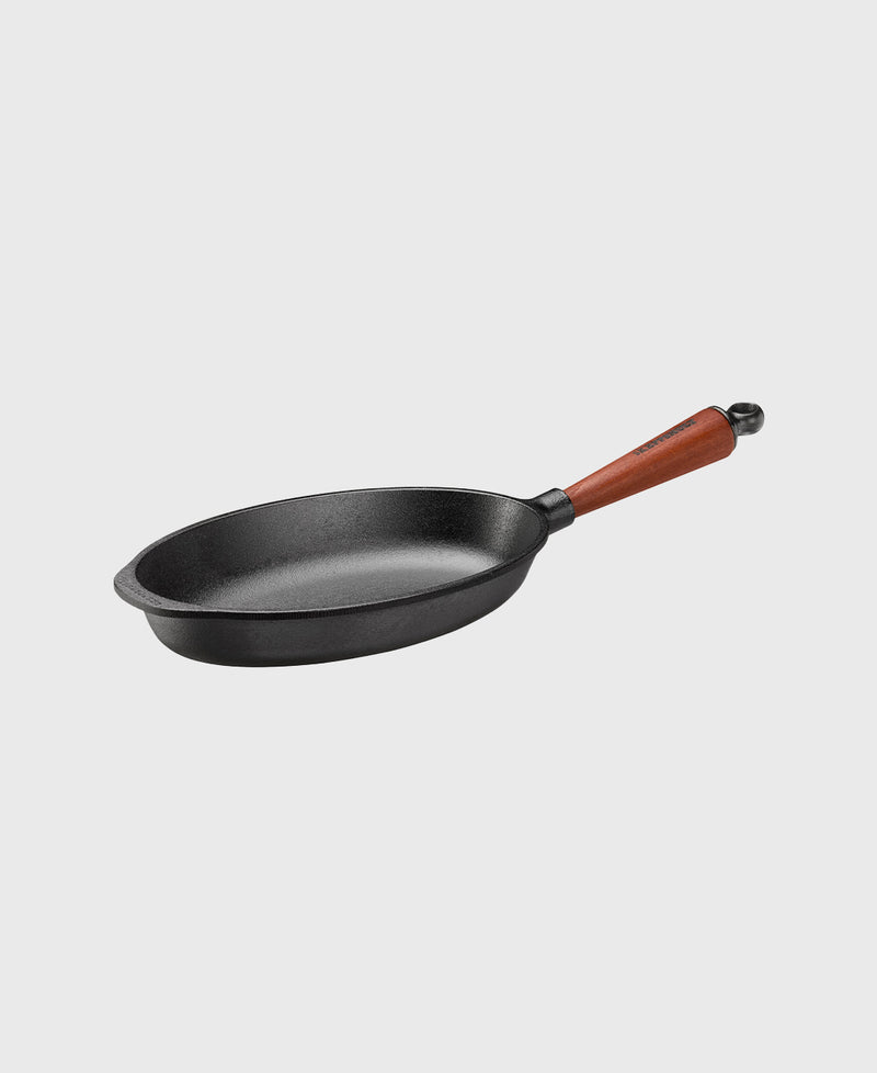 Black cast iron fish pan 28x17 cm with beechwood handle
