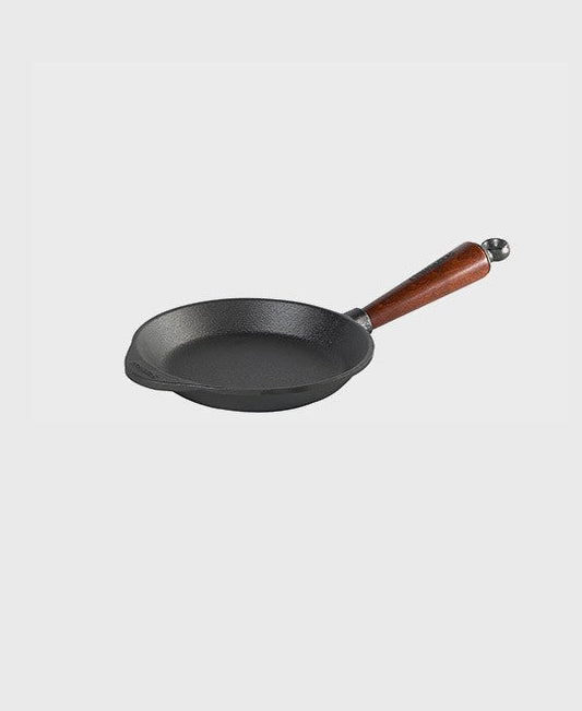 Black cast iron frying pan round 18 cm with beechwood handle
