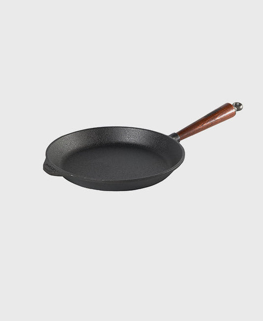 Black cast iron frying pan round 24 cm with beechwood handle