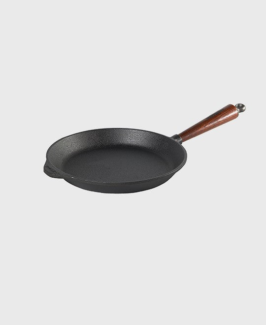 Black cast iron frying pan round 26 cm with beechwood handle