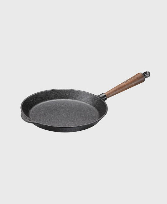 Black cast iron frying pan round 26 cm with walnut wood handle