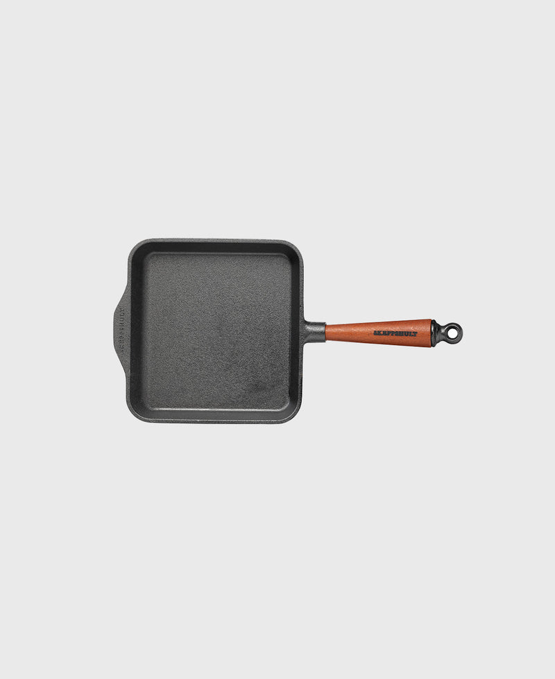Black cast iron frying pan square beechwood handle