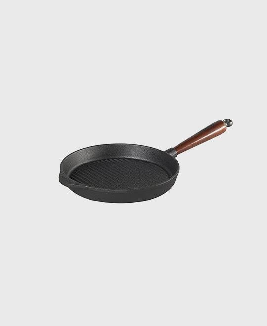 Black cast iron grill pan round 22 cm with beechwood handle