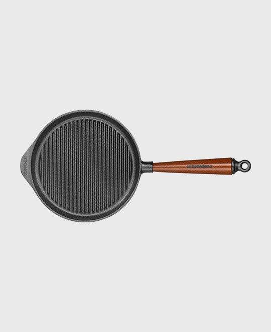 Black cast iron grill pan round 22 cm with beechwood handle