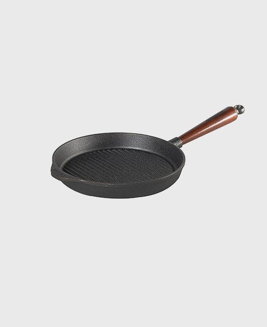 Black cast iron grill pan round 25 cm with beechwood handle