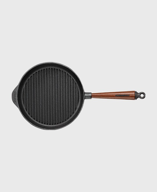 Black cast iron grill pan round 25 cm with beechwood handle