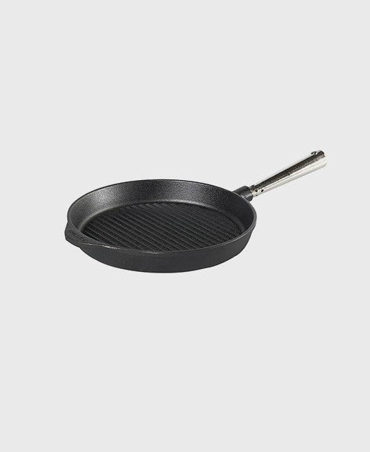 Black cast iron grill pan round 25 cm with self-ventilating stainless steel handle