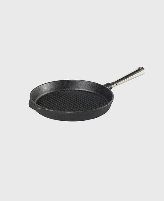 Black cast iron grill pan round 25 cm with self-ventilating stainless steel handle