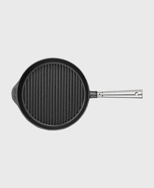 Black cast iron grill pan round 25 cm with self-ventilating stainless steel handle