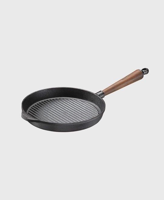 Black cast iron grill pan round 25 cm with walnut wood handle