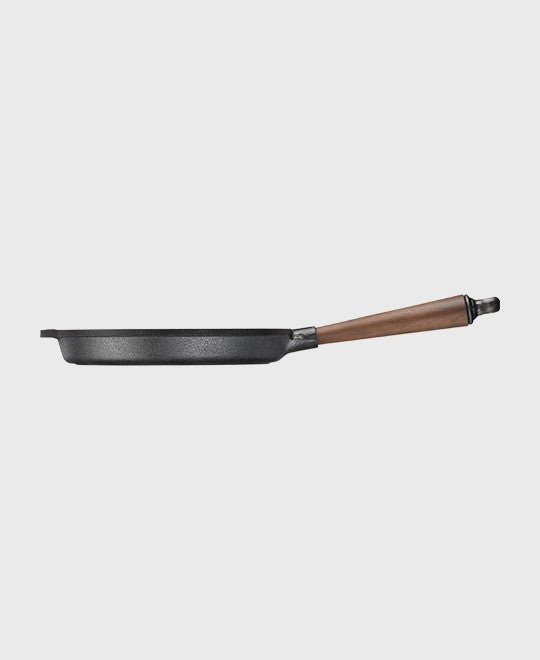 Black cast iron grill pan round 25 cm with walnut wood handle