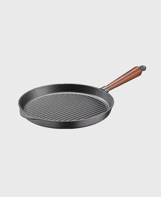Black cast iron grill pan round 28 cm with beechwood handle