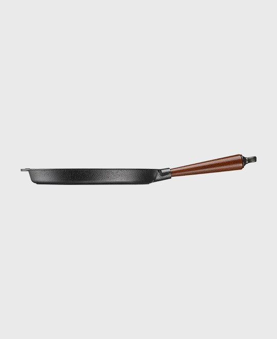 Black cast iron grill pan round 28 cm with beechwood handle