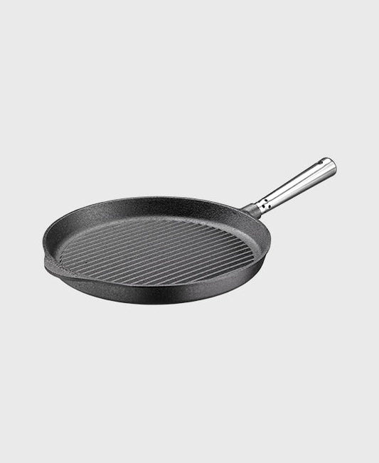 Black cast iron grill pan round 28 cm with self-ventilating stainless steel handle