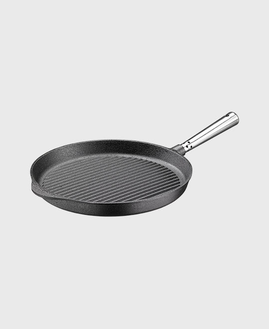 Black cast iron grill pan round 28 cm with self-ventilating stainless steel handle