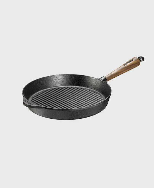 Black cast iron grill pan round 28 cm with walnut wood handle