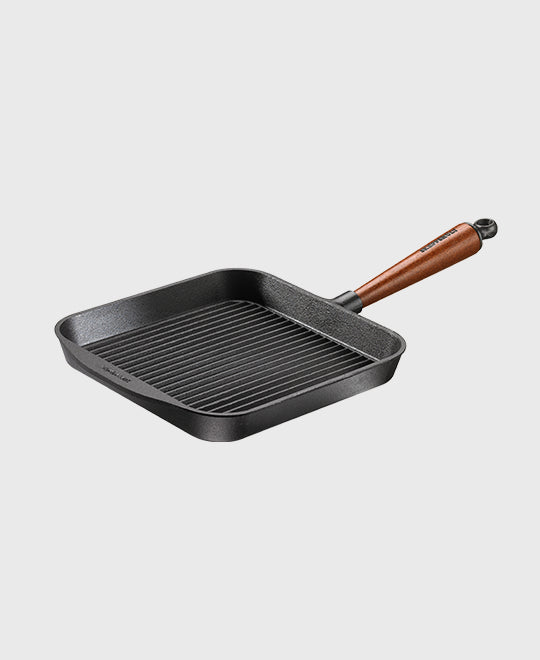 Black cast iron grill pan square 25x25 cm with beechwood handle