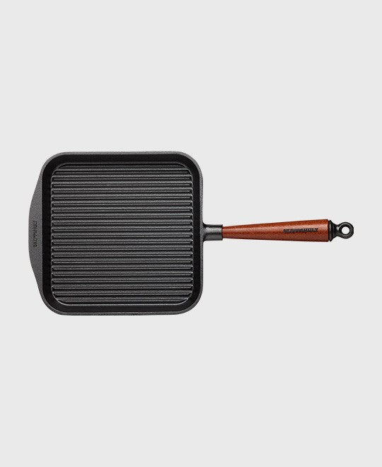 Black cast iron grill pan square 25x25 cm with beechwood handle