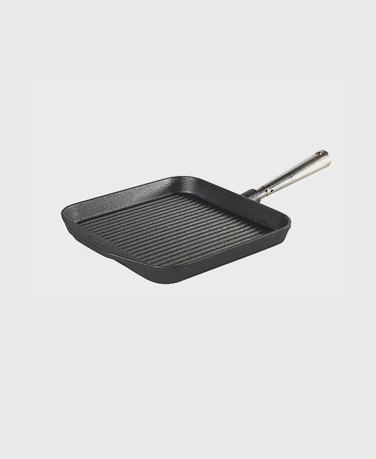 Black cast iron grill pan square 25x25 cm with self-ventilating stainless steel handle