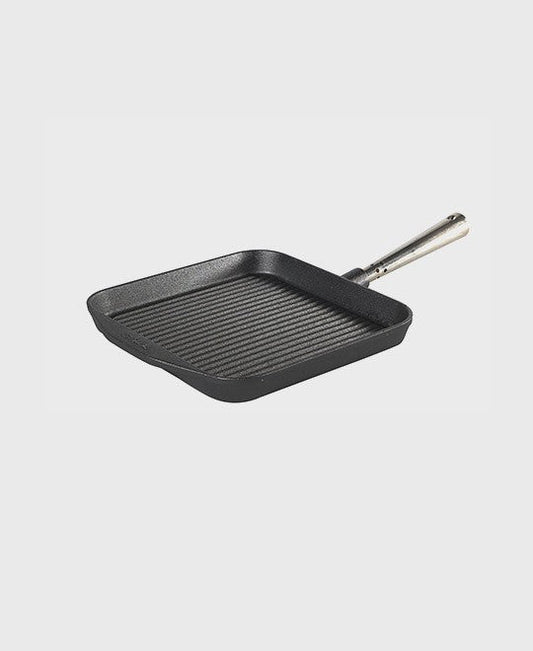 Black cast iron grill pan square 25x25 cm with self-ventilating stainless steel handle