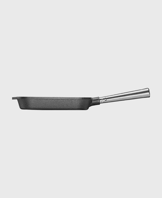 Black cast iron grill pan square 25x25 cm with self-ventilating stainless steel handle