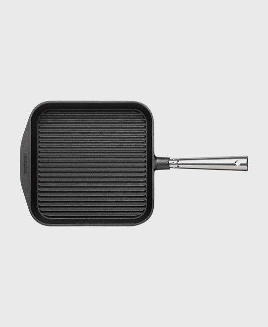 Black cast iron grill pan square 25x25 cm with self-ventilating stainless steel handle