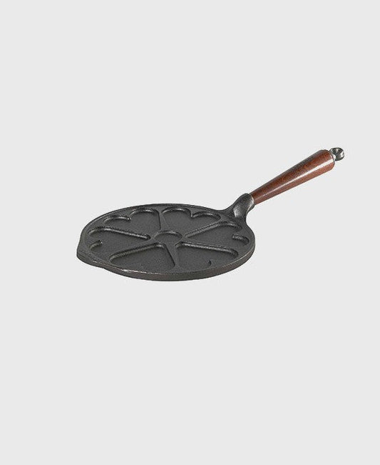 Black cast iron heart pancake pan round 23 cm with beechwood handle