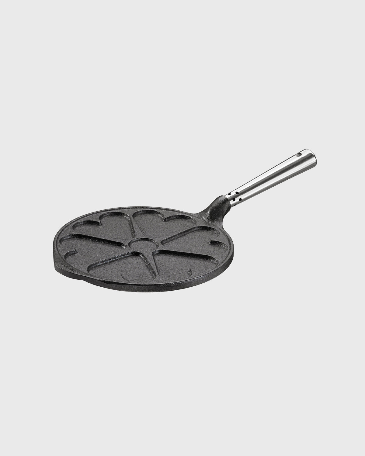 Black cast iron heart pancake pan round 23 cm with self-ventilating stainless steel handle