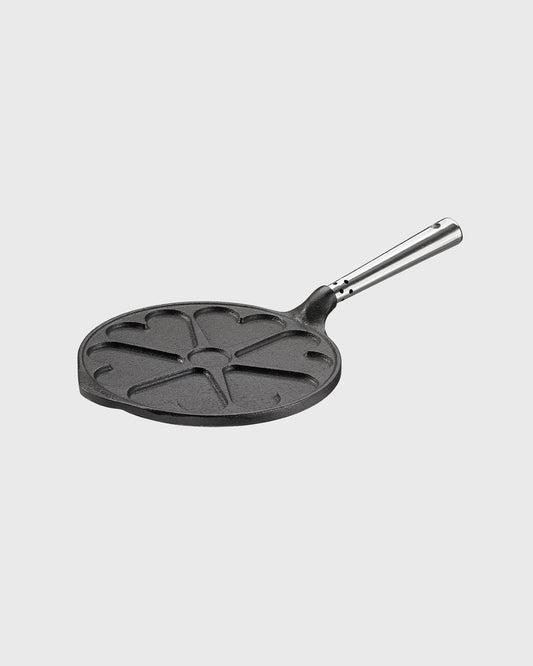 Black cast iron heart pancake pan round 23 cm with self-ventilating stainless steel handle