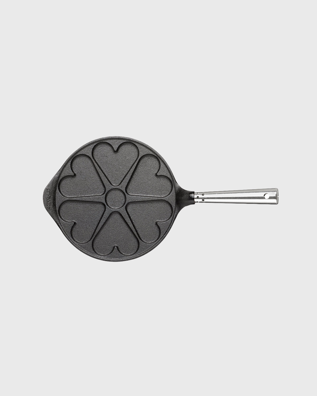 Black cast iron heart pancake pan round 23 cm with self-ventilating stainless steel handle