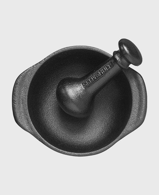 Black cast iron spice mortar and pestle 11 cm set for grinding herbs and spices