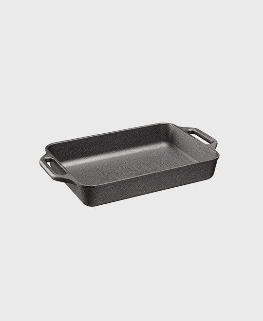 Black cast iron oven dish rectangular 30x22 cm with two iron handles