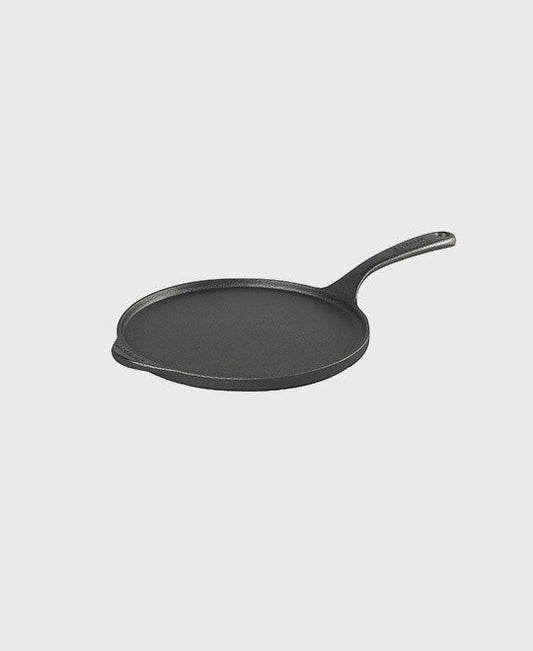 Black cast iron pancake pan round 23 cm with iron handle