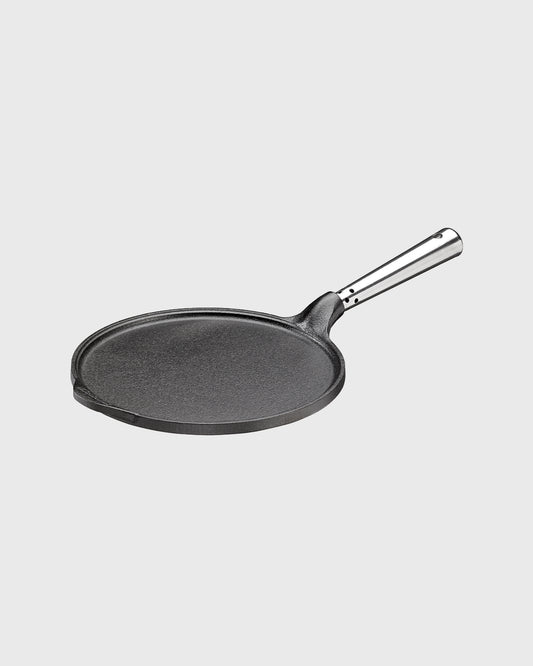 Black cast iron pancake pan round 23 cm with self-ventilating stainless steel handle