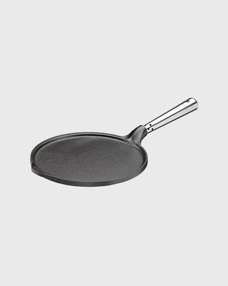 Black cast iron pancake pan round 23 cm with self-ventilating stainless steel handle