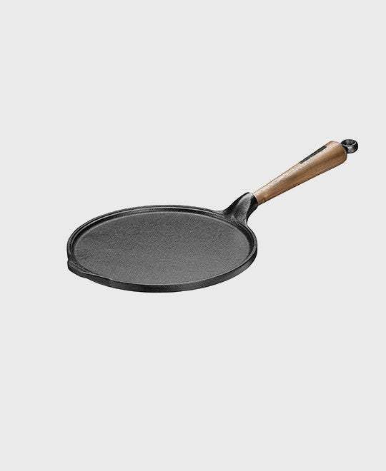 Black cast iron pancake pan round 23 cm with walnut wood handle