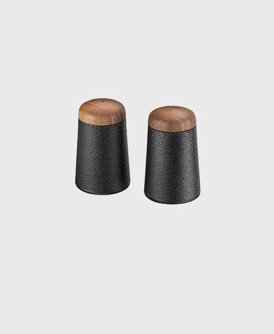 Black cast iron salt and pepper shakers with walnut lids