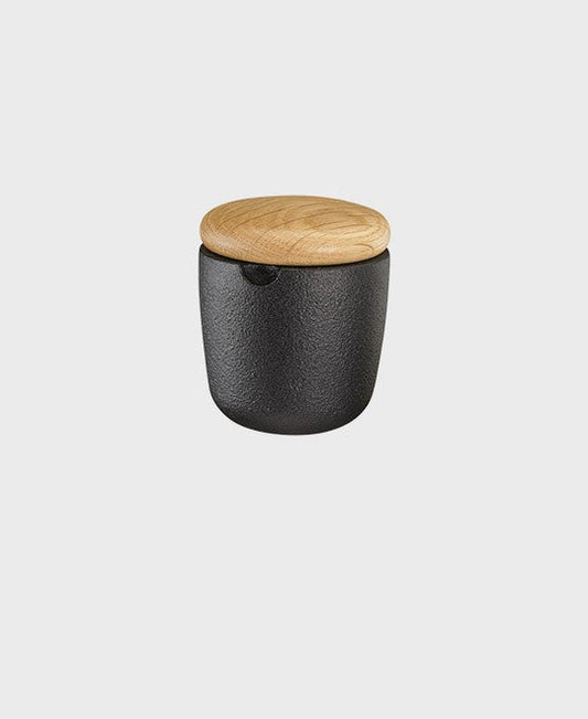 Black cast iron salt and spice bowl small swing with oak lid