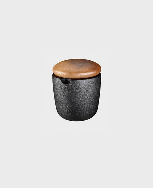 Black cast iron salt and spice bowl small swing with walnut lid