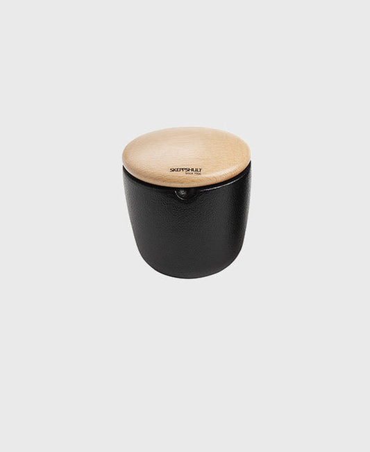 Black cast iron salt and spice bowl swing with beech wood lid