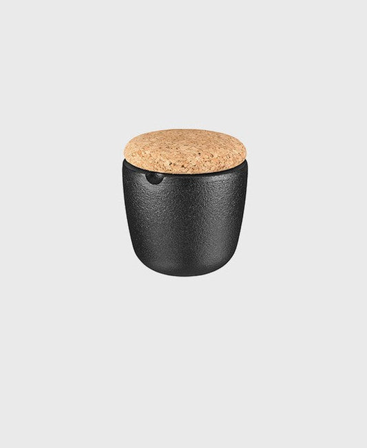 Black cast iron salt and spice bowl swing with cork lid