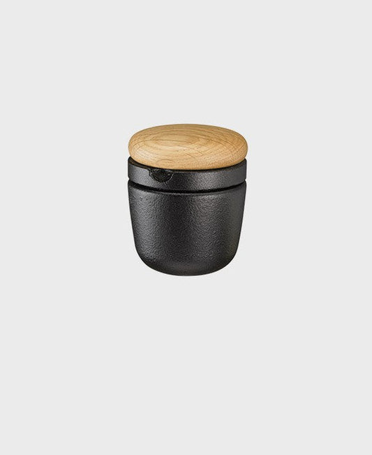 Black cast iron spice mill small swing and storage jar with oak lid, ideal for pepper and dry herbs