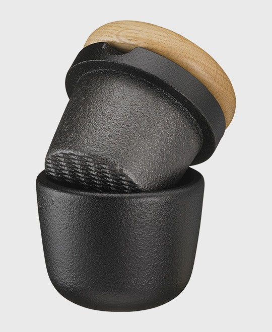 Black cast iron spice mill small swing and storage jar with oak lid, ideal for pepper and dry herbs
