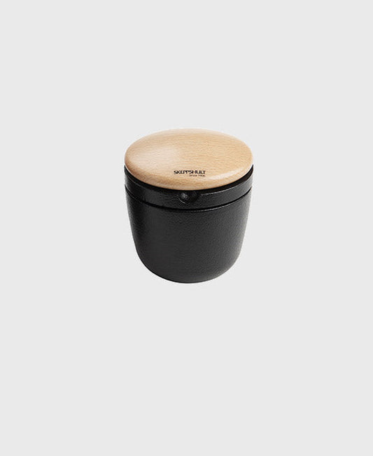 Black cast iron spice mill swing and storage jar with beech wood lid, ideal for pepper and dry herbs