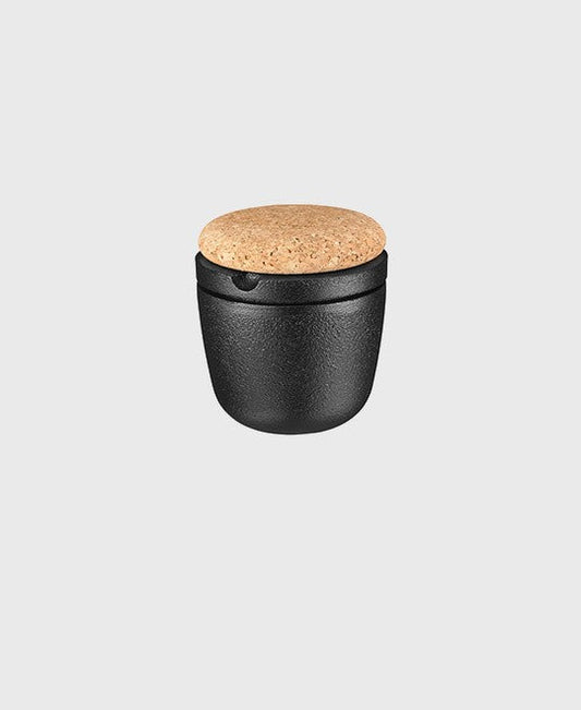 Black cast iron spice mill swing and storage jar with cork lid, ideal for pepper and dry herbs