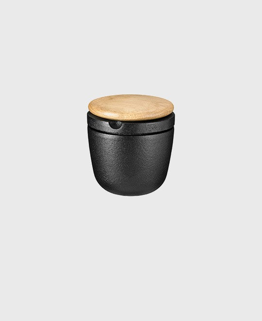 Black cast iron spice mill swing and storage jar with oak lid, ideal for pepper and dry herbs